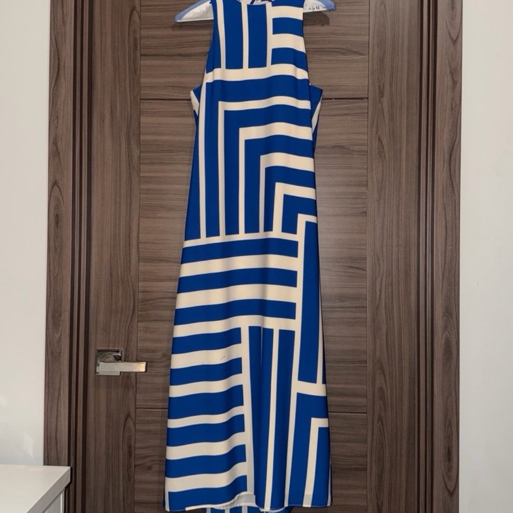 Donna Morgan Blue and White Striped Midi Dress